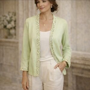 New Green Cardigan Louis Dell'Olio Pistachio Knit Jacket Paillettes Accents Sz S